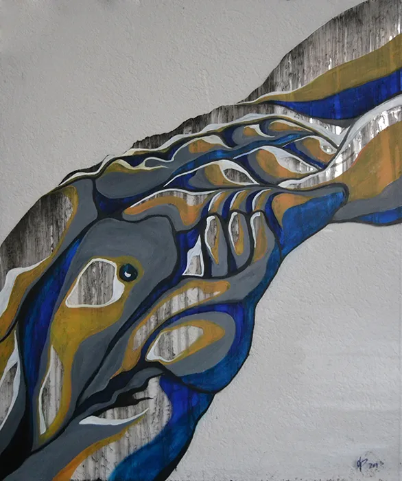 Cuadro transparente de una figura de un hombre de color amarillo y azul pintado por la artista Laura Blasco