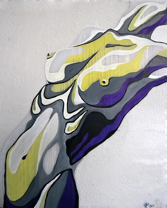 Cuadro transparente de una figura de una mujer de color amarillo y azul pintada por la artista Laura Blasco