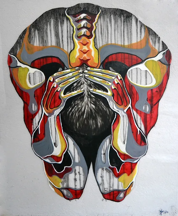 Cuadro transparente de una figura de un hombre con colores c&aacute;lidos pintado por la artista Laura Blasco