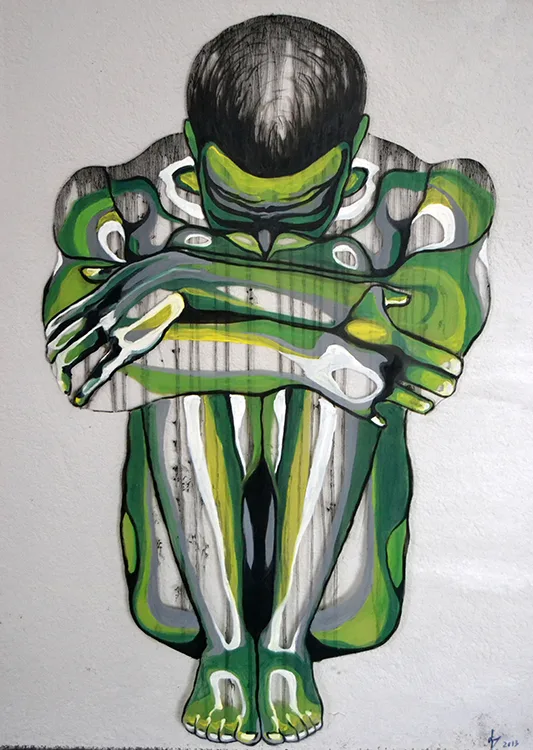 Cuadro transparente de una figura de un hombre de color verde pintado por la artista Laura Blasco