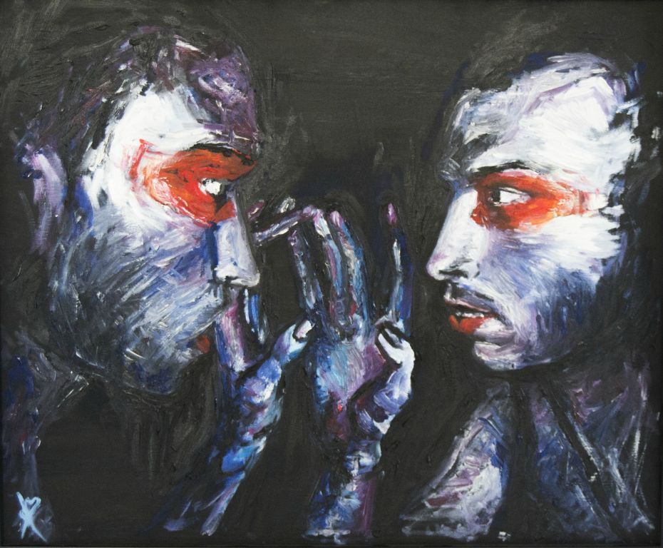 Cuadro en espejo de un óleo sobre un lienzo de un hombre con sombras de ojos rojo pintado por la artista Laura Blasco.