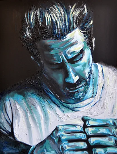 Cuadro retrato del actor Jake Gyllenhaal en color azul estilo expresionista creado por la artista Laura Blasco
