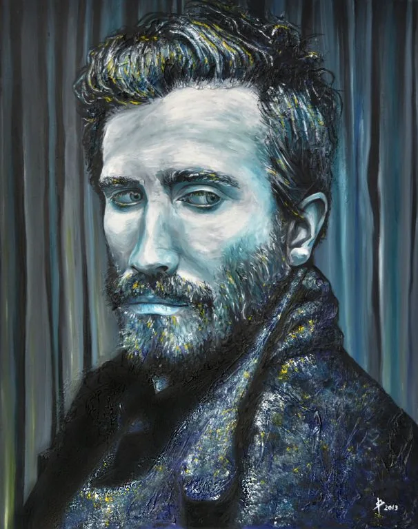 Cuadro retrato del actor Jake Gyllenhaal de perfil con un estilo expresionista pintado por la artista Laura Blasco