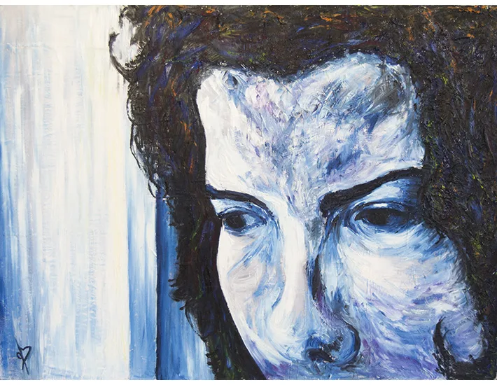 Cuadro de una mujer pensativa y con la mirada perdida de color azul &Oacute;leo sobre lienzo pintado por la artista Laura Blasco