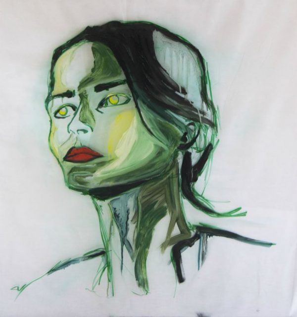 Cuadro de una mujer en color verde Acrílico sobre un Óleo pintado por la artista Laura Blasco