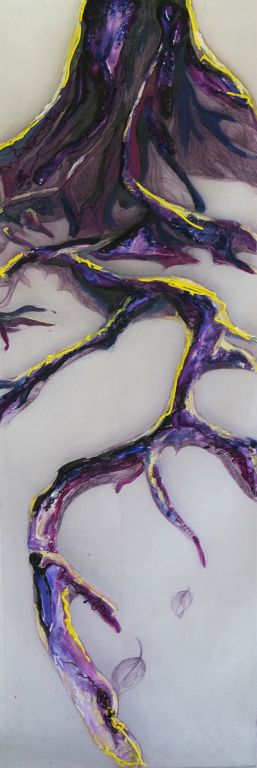 Cuadro raíces violetas pintado por la artista Laura Blasco