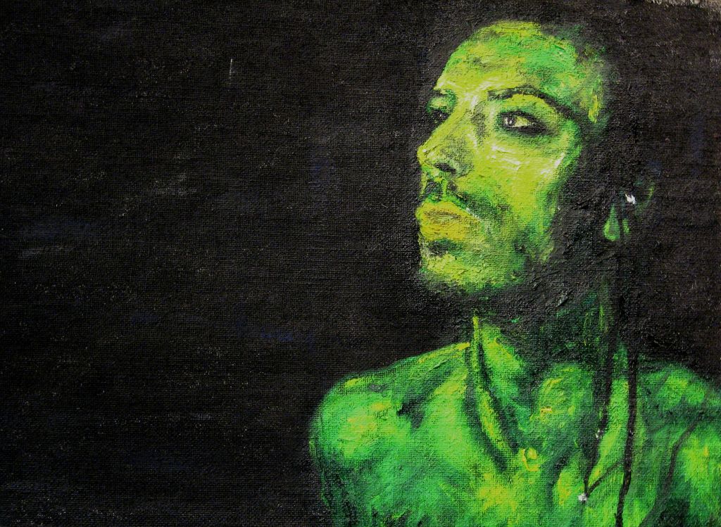 Cuadro de un retrato de un hombre en verde pintado por la artista Laura Blasco